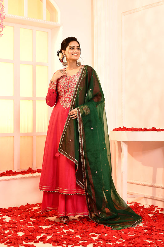 Utsav Rani Ari Embroidery Neck Anarkali And Gottalace Finish Flair Plazzo With Emerald Green Gottalace Finish Dupatta Set Of 3