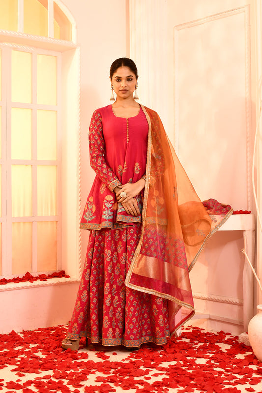 Utsav Rani Block Print With Embroidery Outing Kurta And Sarara With Orange/Red Tie N Dye Gottalace Finish Dupatta Set Of 3