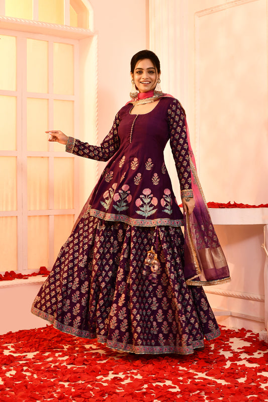 Utsav Purple Block Print With Embroidery Outing Kurta And Sarara With Pink/Purple Tie N Dye Gottalace Finish Dupatta Set Of 3