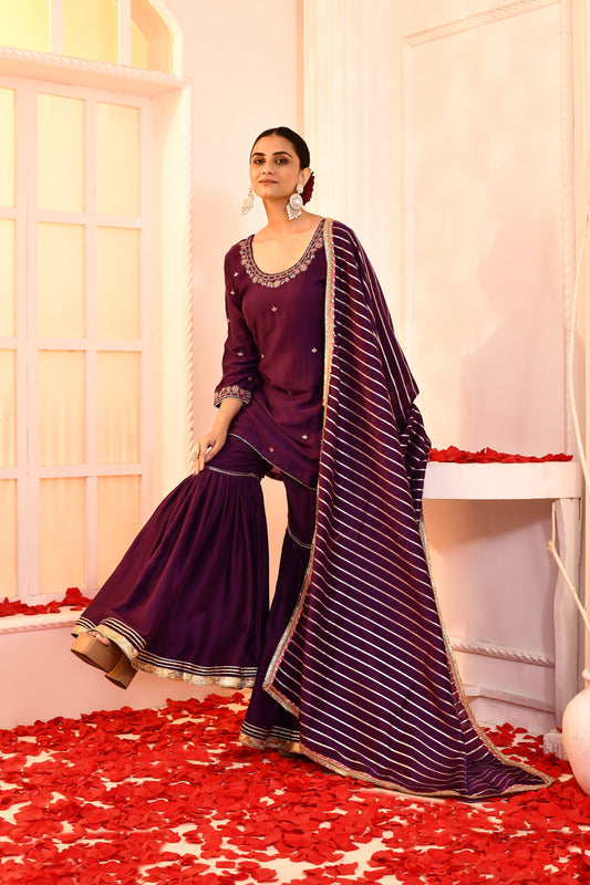 Utsav Purple Hand Embroidered Kurta And Gotta Finish Garara With Purple Golden Strip Gottalace Finish Dupatta Set Of 3