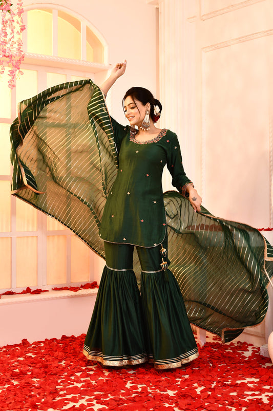 Utsav Emeralde Green Hand Embroidered Kurta And Gotta Finish Garara With Emerald Green Golden Strip Gottalace Finish Dupatta Set Of 3