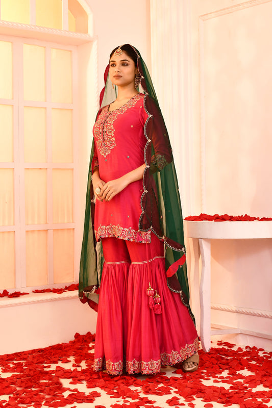 Utsav Rani Ari Embroidered Kurta And Garara With Emeraled Green Scalping Dupatta Set Of 3