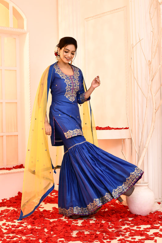 Utsav Blue Ari Embroidered Kurta And Garara With Yellow Embroidered Dupatta Set Of 3