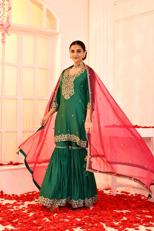 Utsav Emeraled Green Ari Embroidered Short Kurta And Garara With Red Embroidered Dupatta Set Of 3