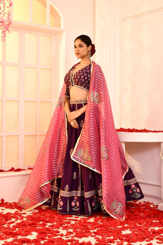 Utsav Purple Hand Embroidered Blouse And Foil Printed Lehenga With Pink Banarashi Strip Gotta Lace Finish Dupatta Set Of 3