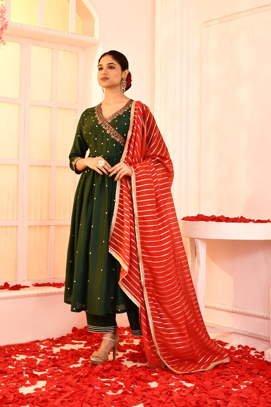 Utsav Emeralde Green Hand Embroidered Angrakha Kurta And Gotta Finish Plazzo With Red Golden Strip Gotta Lace Finish Dupatta Set Of 3