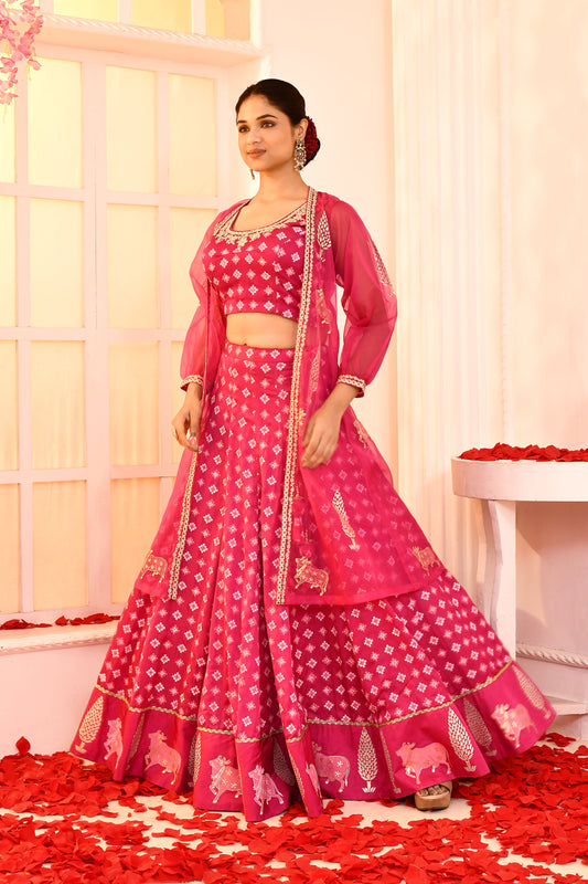 Utsav Magenta Block Printerd With Neck Dori Embroidered Blouse And Foil Printed Lehenga With Rani Dori Embroidered And Foil Printed Jaket Set Of 3