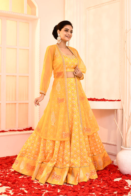 Utsav Yellow Block Printerd With Neck Dori Embroidered Blouse And Foil Printed Lehenga With Yellow Dori Embroidered And Foil Printed Jaket Set Of 3