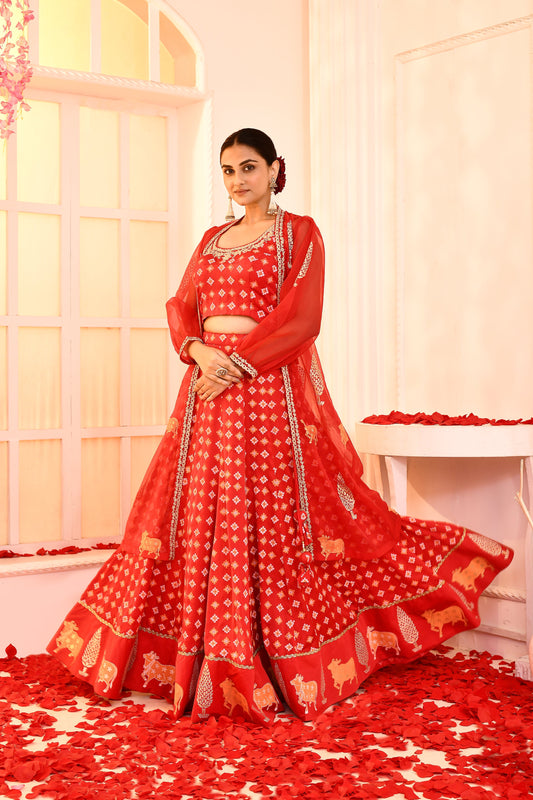 Utsav Red Block Printerd With Neck Dori Embroidered Blouse And Foil Printed Lehenga With Red Dori Embroidered And Foil Printed Jaket Set Of 3