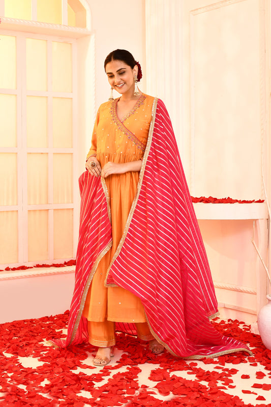 Utsav Orange Hand Embroidered Angrakha Kurta And Gotta Finish Plazzo With Rani Golden Strip Gotta Lace Finish Dupatta Set Of 3