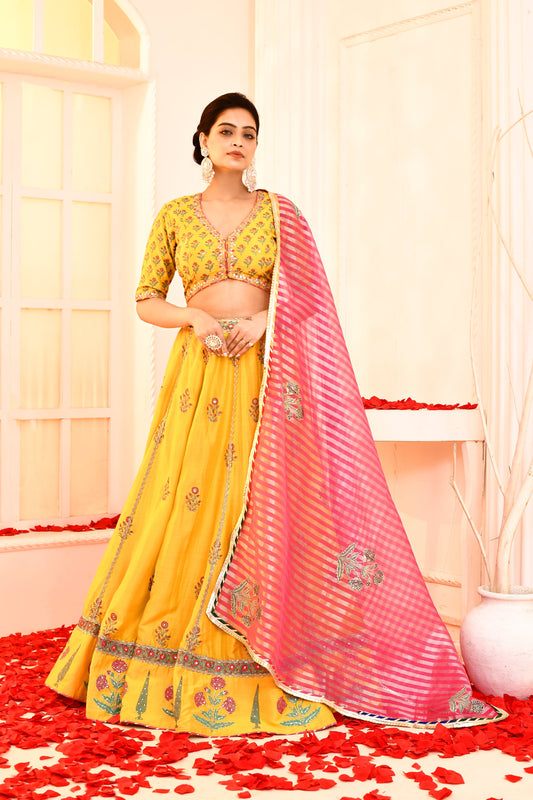 Utsav Golden Yellow Hand Embroidered Blouse And Foil Printed Lehenga With Magent Banarashi Strip Gotta Lace Finish Dupatta Set Of 3