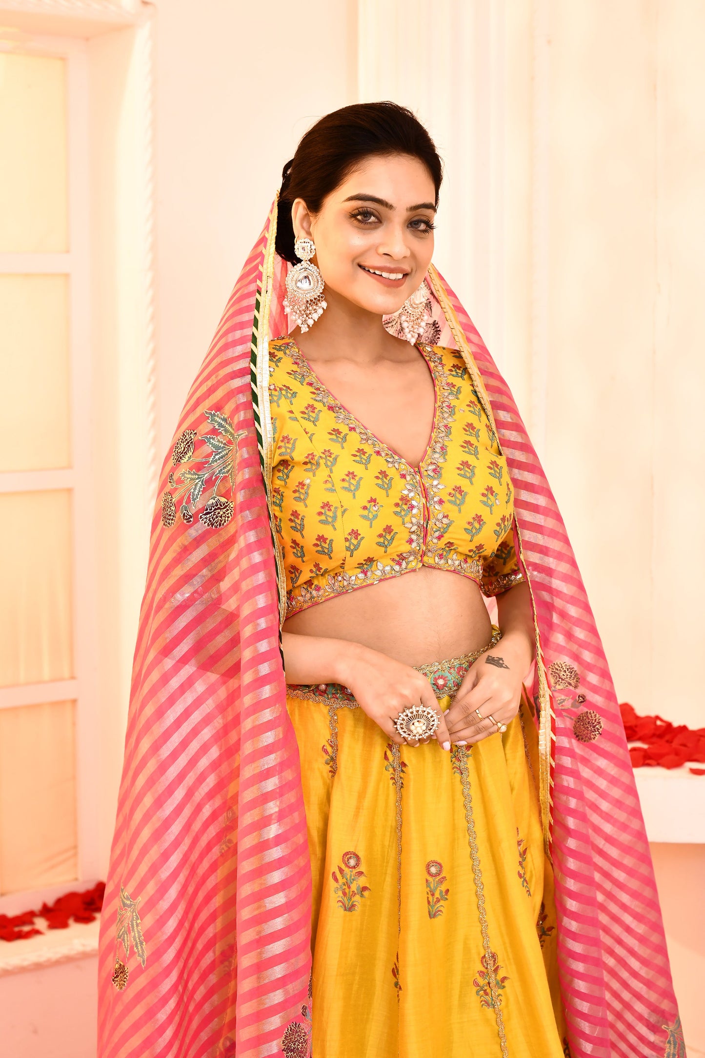 Utsav Golden Yellow Hand Embroidered Blouse And Foil Printed Lehenga With Magent Banarashi Strip Gotta Lace Finish Dupatta Set Of 3