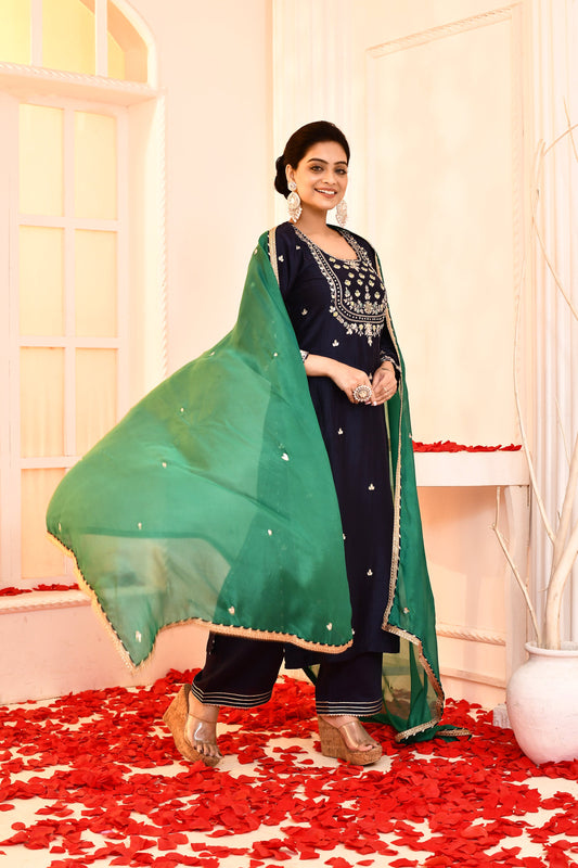 Utsav Navy Blue Hand Embroidered Gotapatti Work Kurta And Gotta Finish Plazzo With Emerald Green Gotta Lace Finish Dupatta Set Of 3