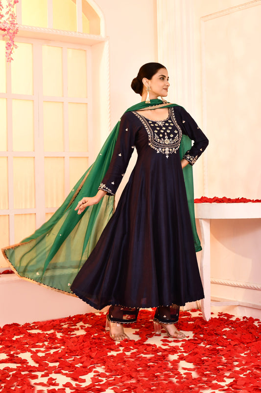 Utsav Blue Hand Embroidered Gotapatti Work Anarkali And Gotta Finish Plazzo With Emerald Green Gotta Lace Finish Dupatta Set Of 3