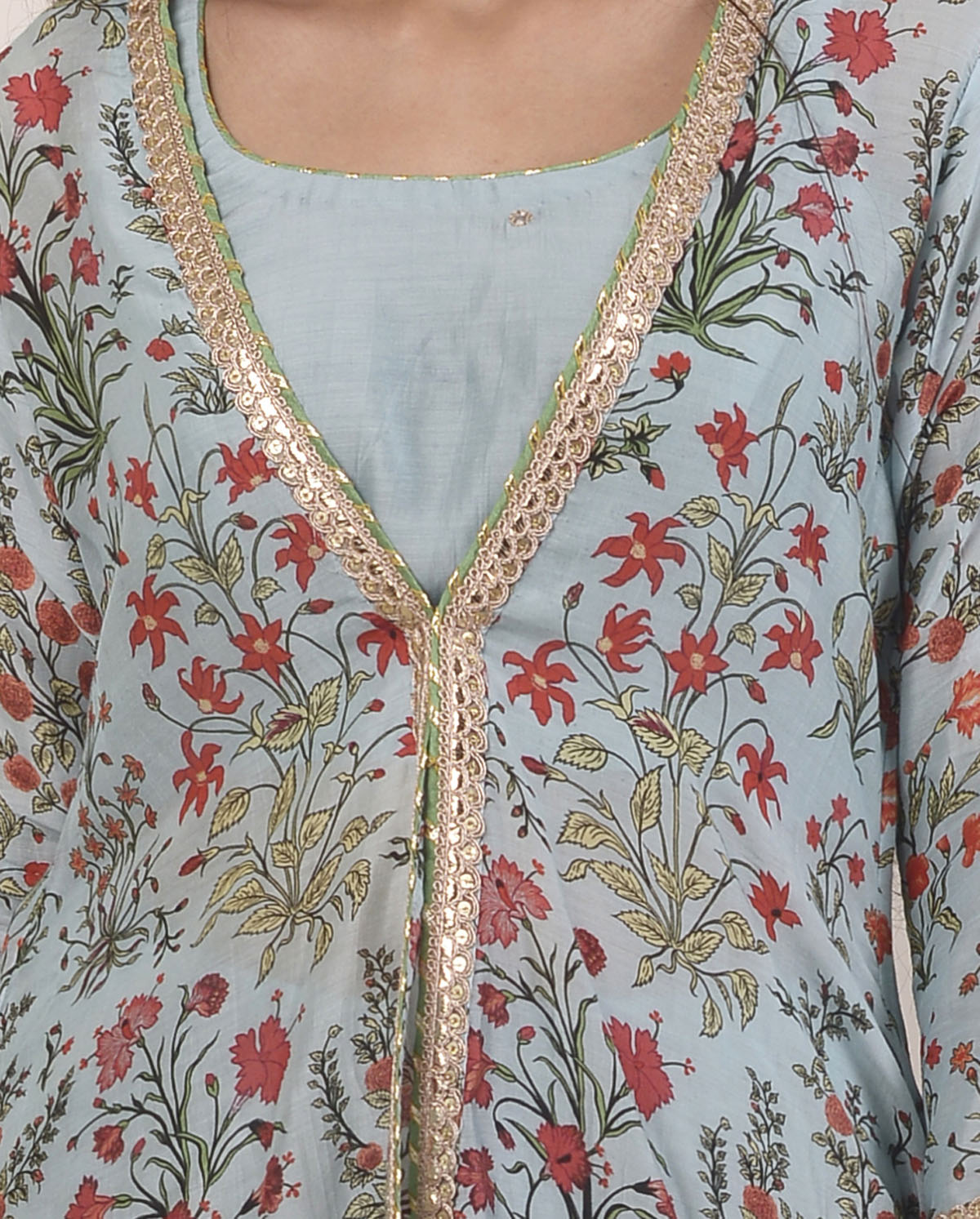 Rimjhim Powder Blue Mirror Embroidery Work Blouse With Digital Print Jacket And Garara