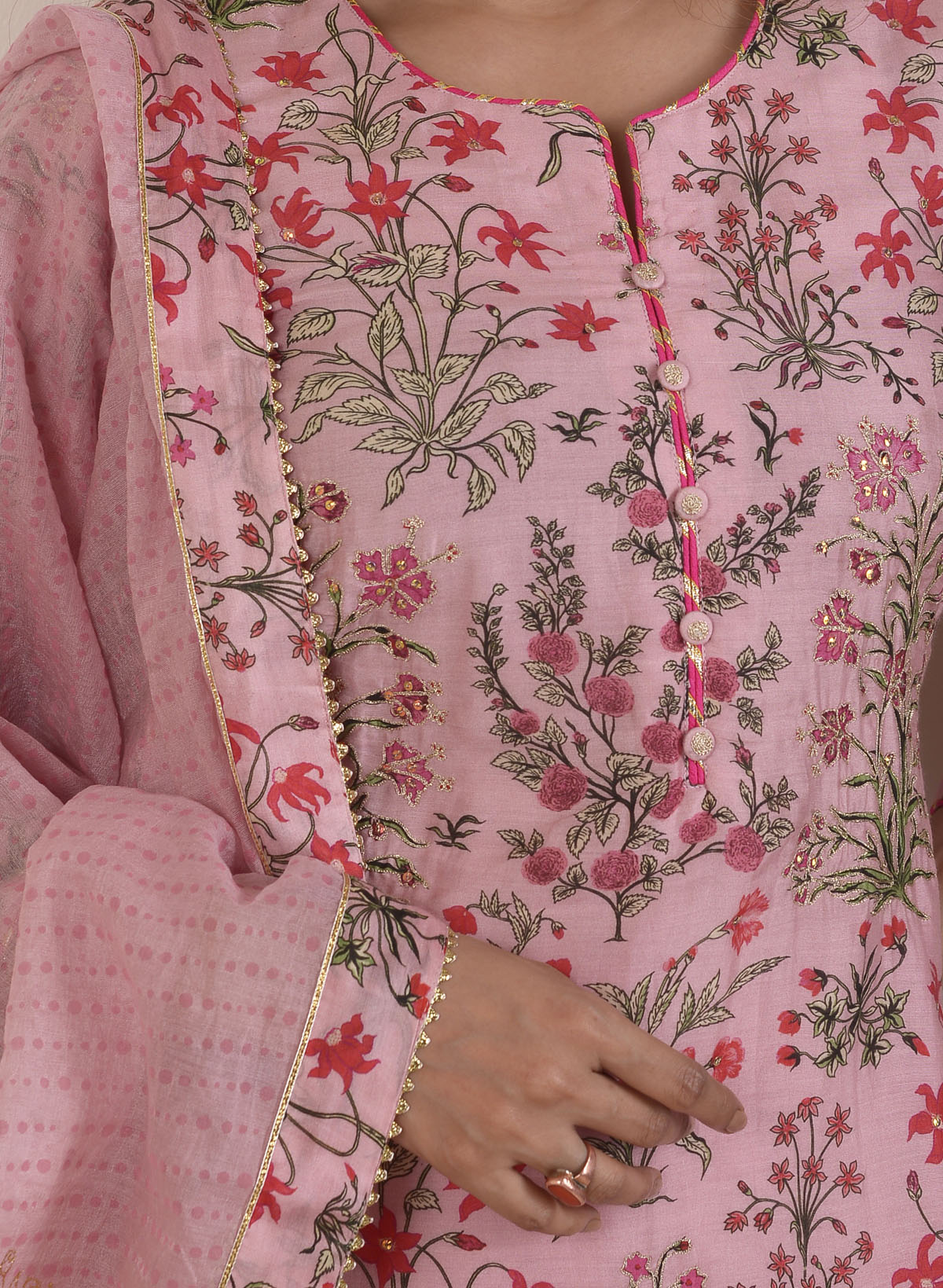 Rimjhim Peach Digital Print With Aari Embroidery Work Straight Kurta With Plazzo And Dupatta