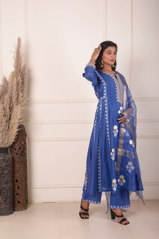 Rimjhim Blue Dori Embroidery Neck With Foil Block Print Anarkali With Plazzo And Dupatta