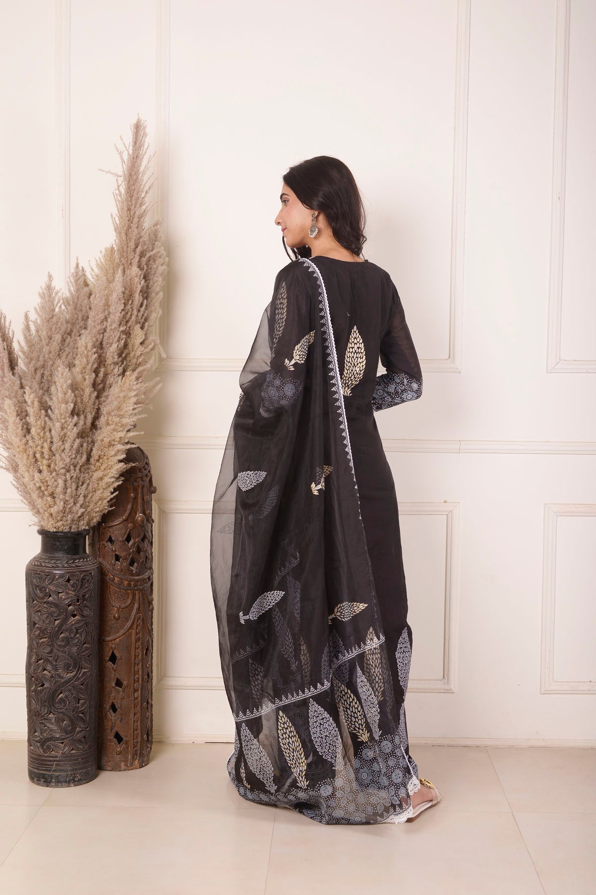 Rimjhim Black With White Lace Work And Foil Block Print Straight Kurta With Plazzo And Dupatta