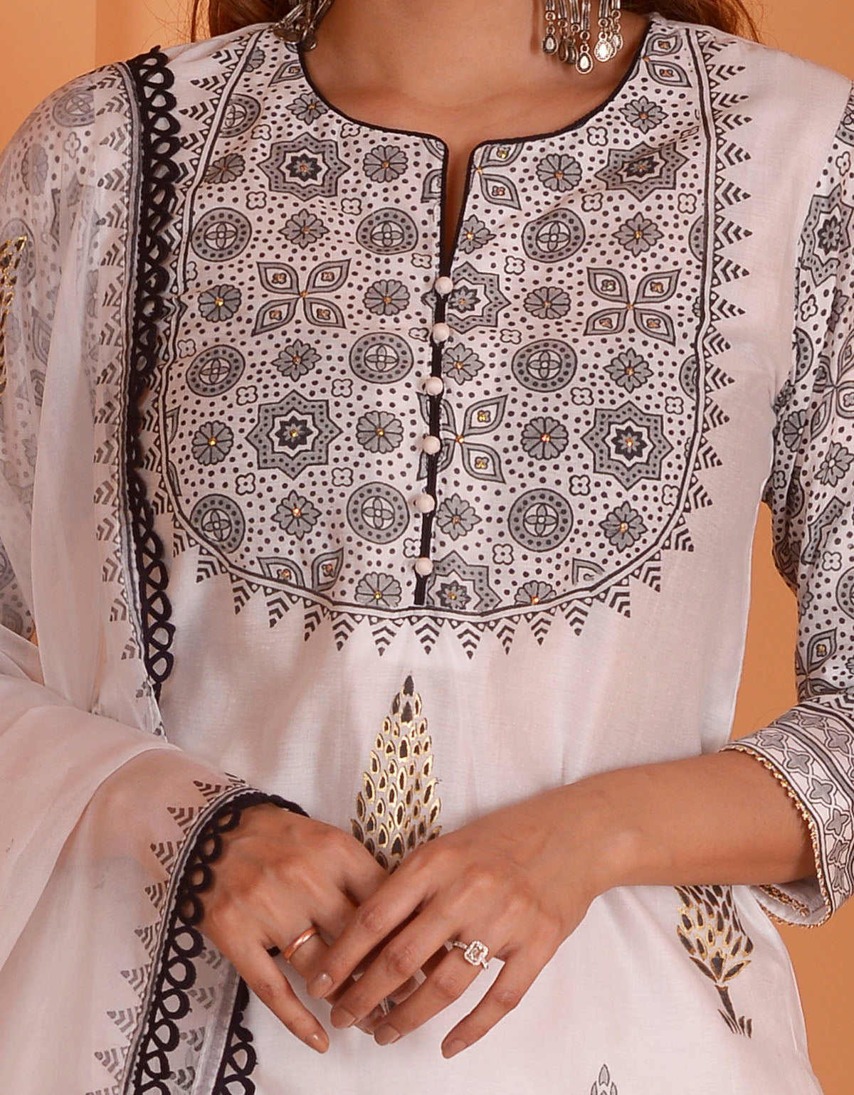 Rimjhim Ivory With Black Lace Work And Foil Block Print Short Kurta With Garara And Dupatta