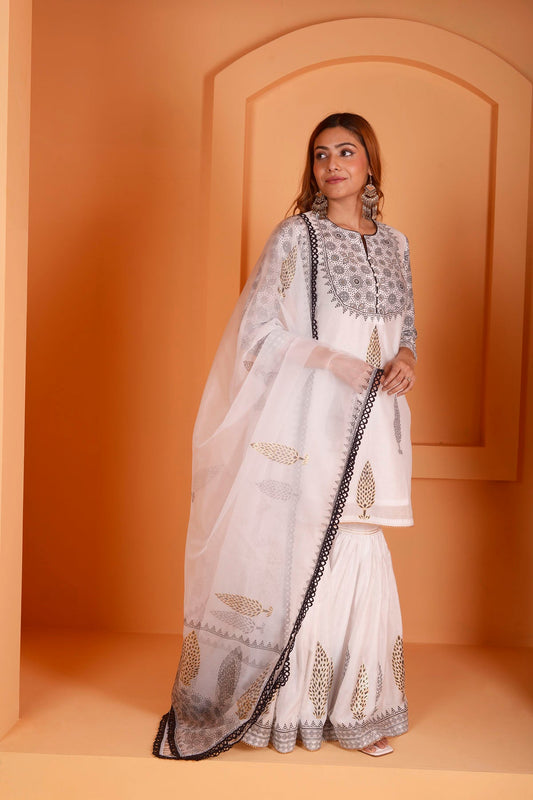Rimjhim Ivory With Black Lace Work And Foil Block Print Short Kurta With Garara And Dupatta