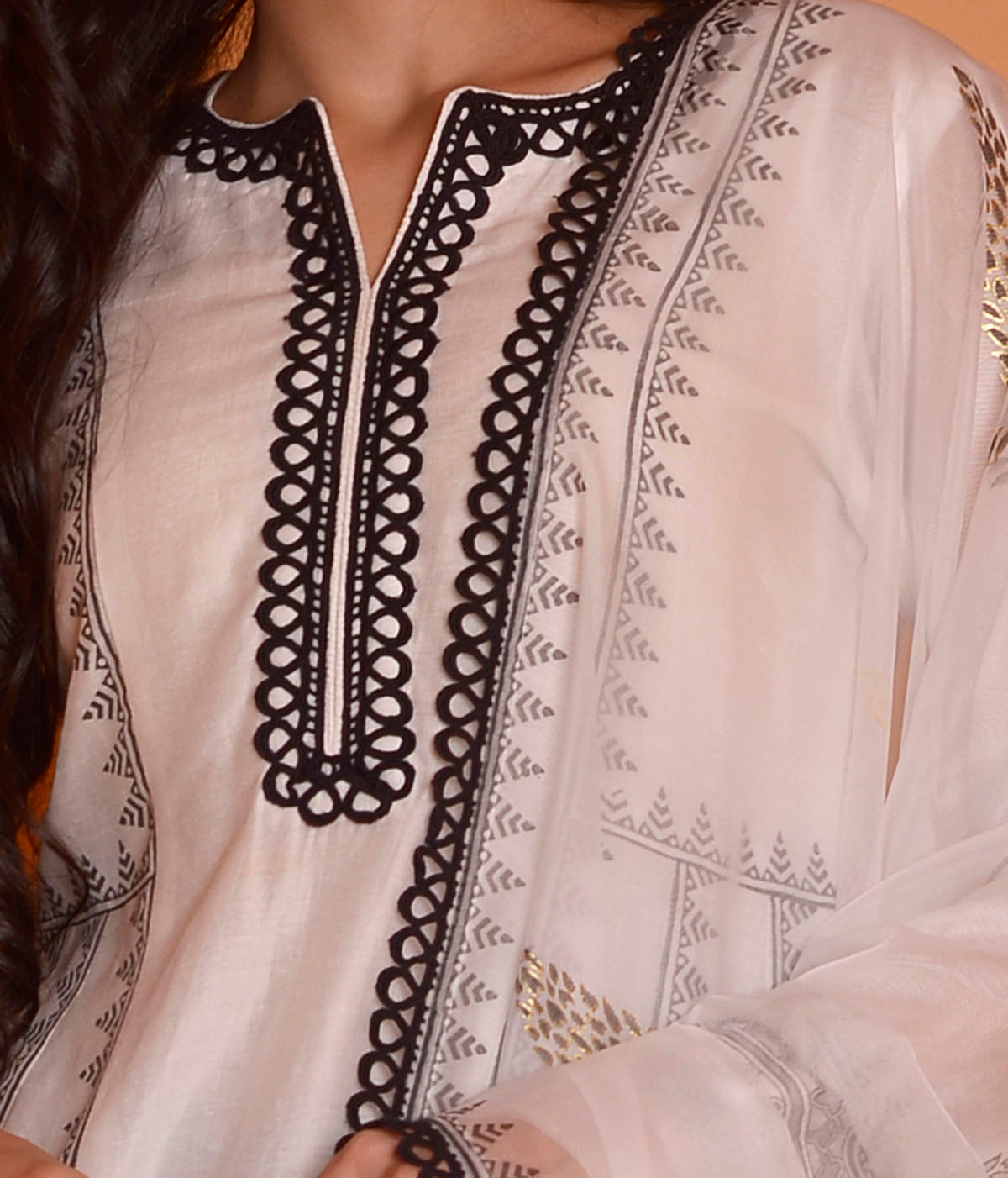 Rimjhim Ivory With Black Lace Work And Foil Block Print Anarkali With Plazzo And Dupatta