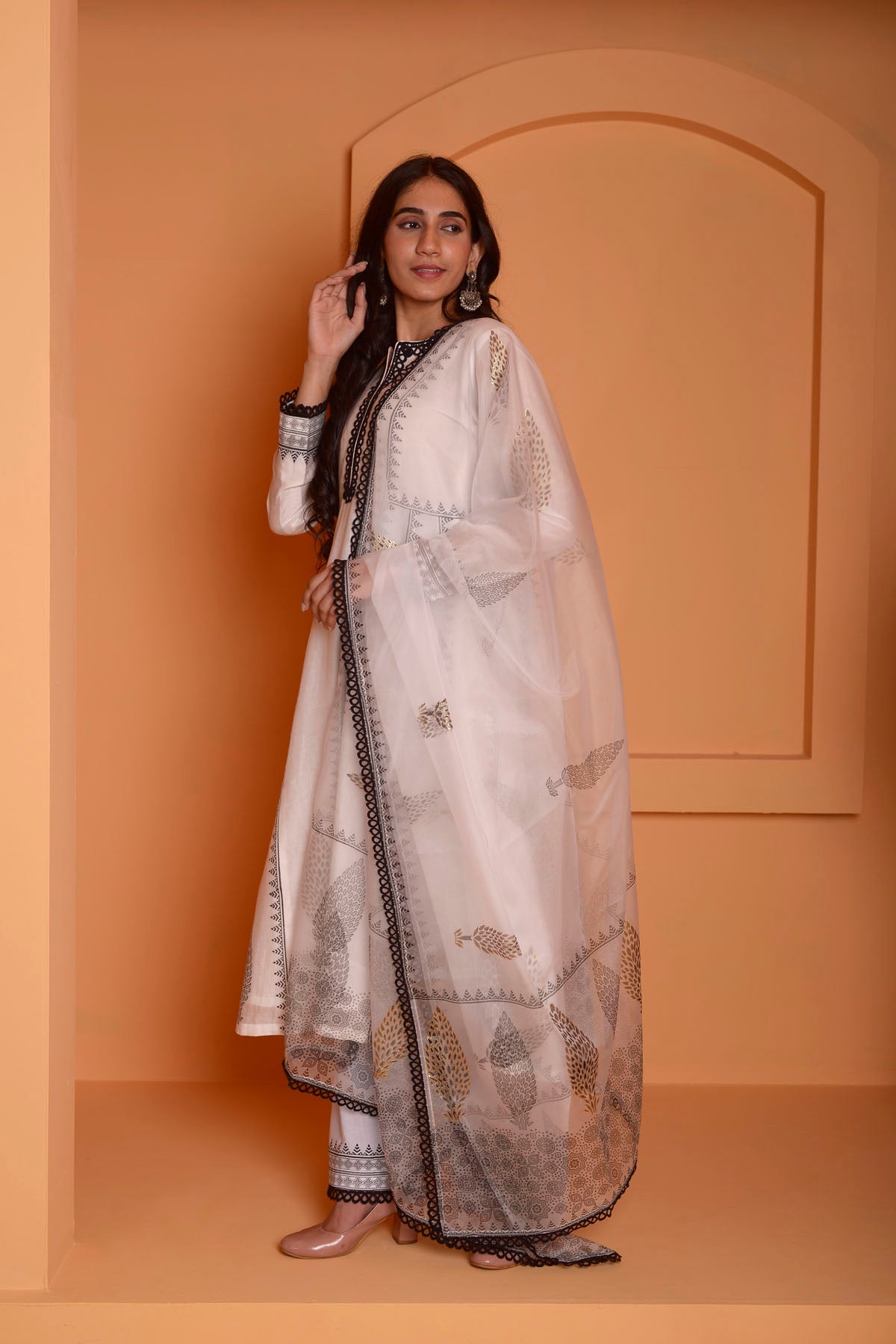 Rimjhim Ivory With Black Lace Work And Foil Block Print Anarkali With Plazzo And Dupatta