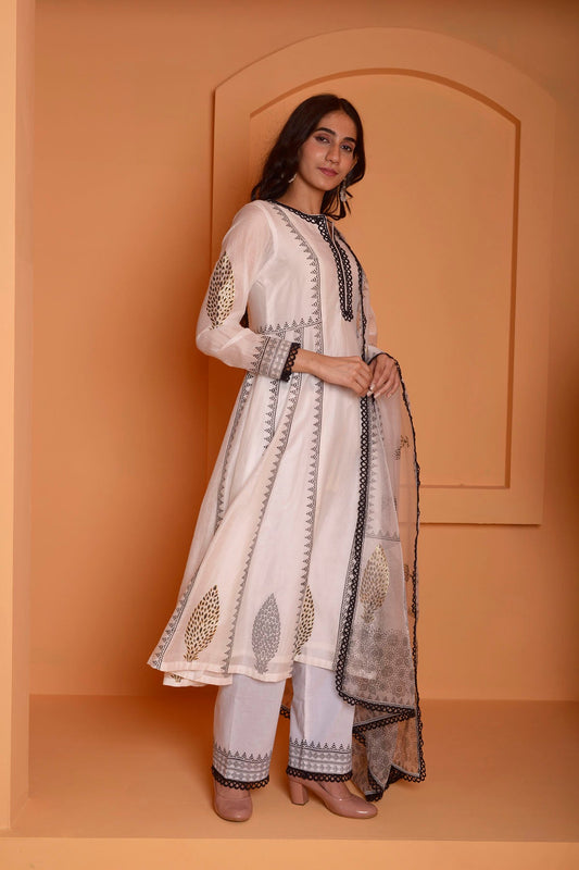 Rimjhim Ivory With Black Lace Work And Foil Block Print Anarkali With Plazzo And Dupatta