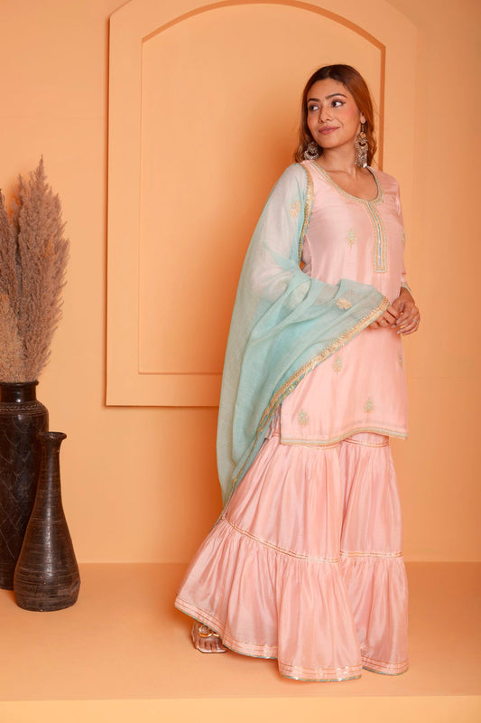 Rimjhim Peach Dori Embroidery Kurta With Garara And Contrast Dupatta