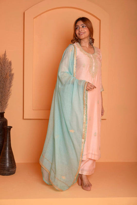 Rimjhim Peach Dori Embroidery Kurta With Plazzo And Contrast Dupatta