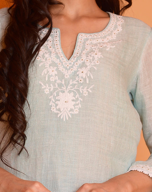 RIMJHIM LINEN CORSET DORI EMBROIDERY KURTA WITH PANT SET OF 2