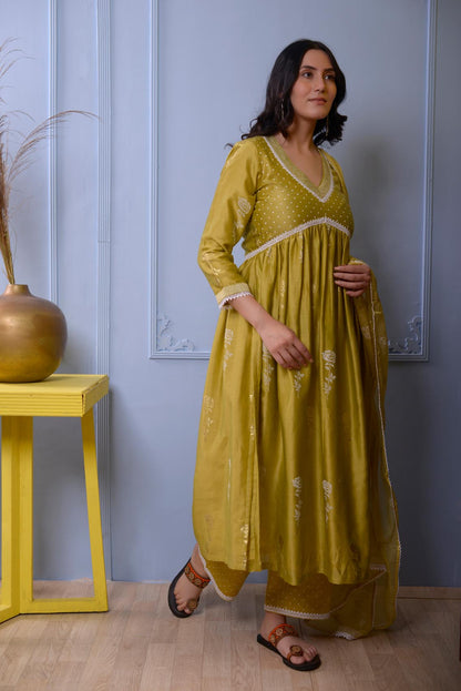 Jashan Olive Green Gather Kurta With Plazzo Set Of 3