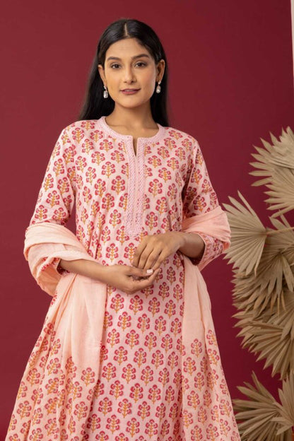 PHAGUN OLD ROSE PINK BLOCK PRINTED COTTON CAMBRIC STRAIGHT KURTA WITH PLAZZO SET OF 3