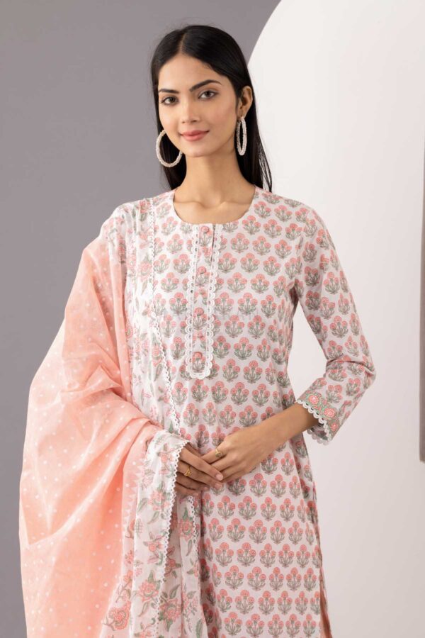PHAGUN OLD ROSE PINK BLOCK PRINTED COTTON CAMBRIC STRAIGHT KURTA WITH PLAZZO SET OF 3