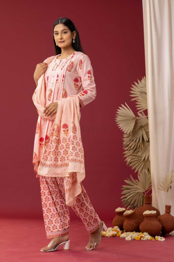 PHAGUN OLD ROSE PINK BLOCK PRINTED PINTUCK COTTON CAMBRIC KURTA WITH SALWAR SET OF 3