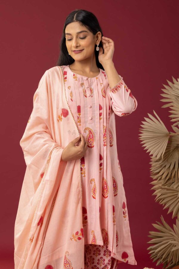 PHAGUN OLD ROSE PINK BLOCK PRINTED PINTUCK COTTON CAMBRIC KURTA WITH SALWAR SET OF 3