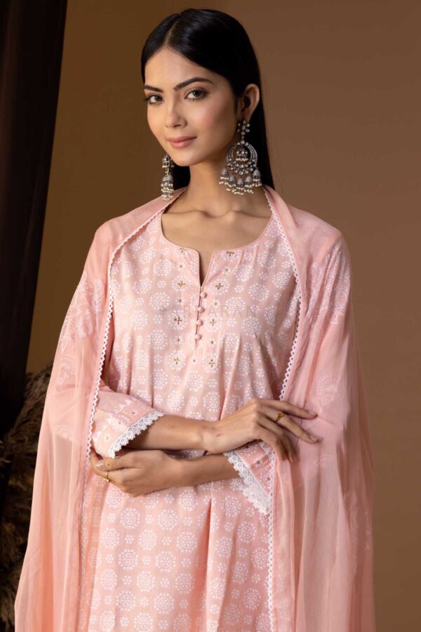 PHAGUN OLD ROSE PINK KHADI PRINTED COTTON CAMBRIC GARARA SET OF 3
