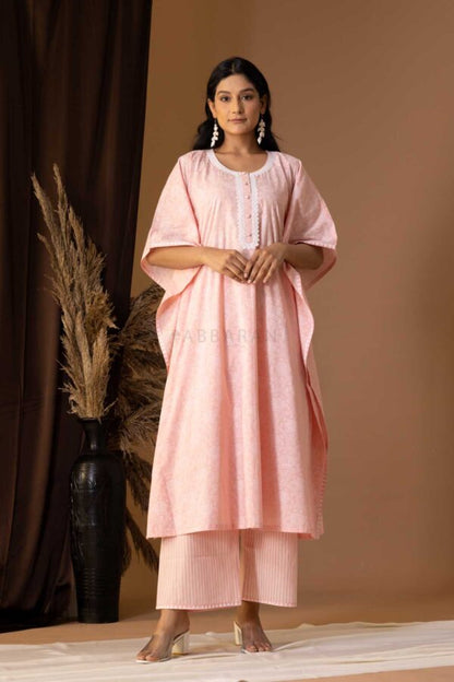 PHAGUN OLD ROSE PINK KHADI PRINTED COTTON CAMBRIC KAFTAN WITH PLAZZO SET OF 2