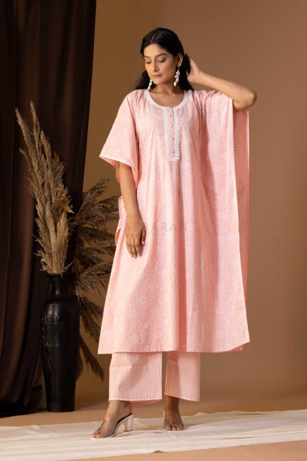 PHAGUN OLD ROSE PINK KHADI PRINTED COTTON CAMBRIC KAFTAN WITH PLAZZO SET OF 2