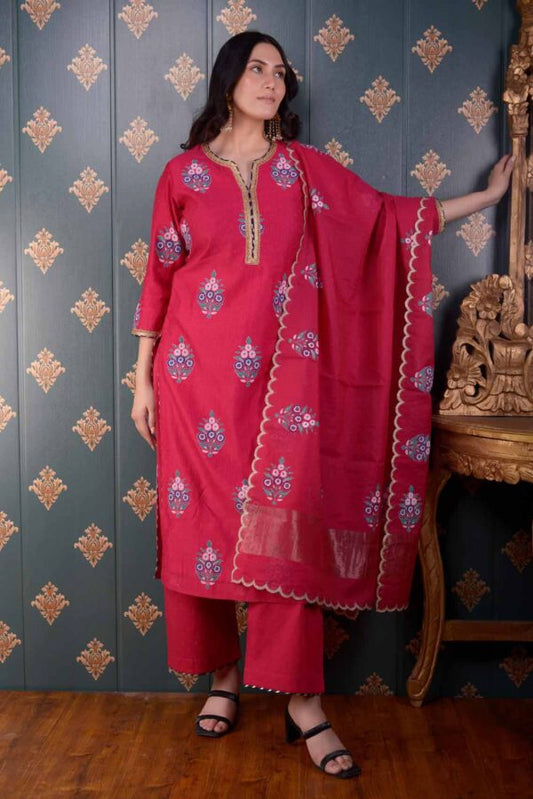 Jashan Hand Block Printed Megenta Moheswari Kurta Set