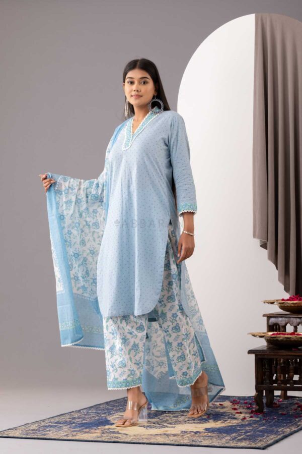 PHAGUN POWDER BLUE BLOCK PRINTED COTTON CAMBRIC KURTA WITH SALWAR SET OF 3