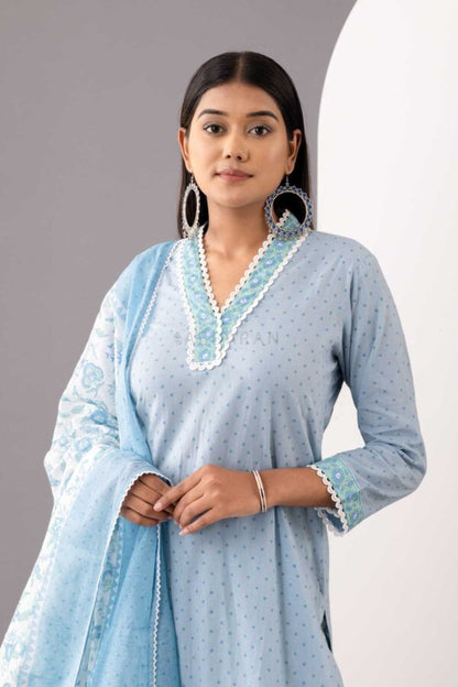 PHAGUN POWDER BLUE BLOCK PRINTED COTTON CAMBRIC KURTA WITH SALWAR SET OF 3