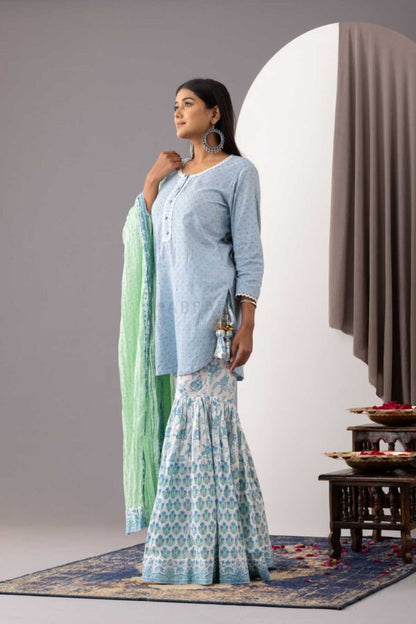 PHAGUN POWDER BLUE BLOCK PRINTED COTTON CAMBRIC GARARA SET OF 3