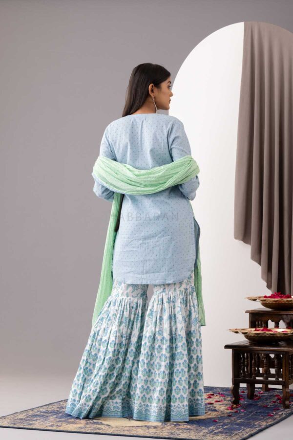 PHAGUN POWDER BLUE BLOCK PRINTED COTTON CAMBRIC GARARA SET OF 3