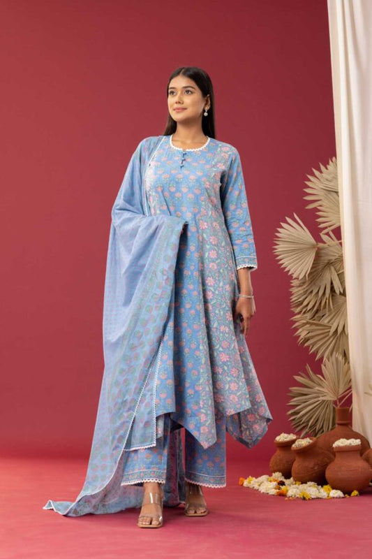 PHAGUN POWDER BLUE BLOCK PRINTED COTTON CAMBRIC HIGH LOW KURTA WITH PLAZZO SET OF 3