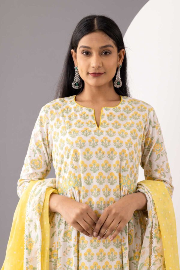 PHAGUN IVORY BLOCK PRINTED COTTON CAMBRIC A-LINE KURTA WITH YELLOW PLAZZO SET OF 3