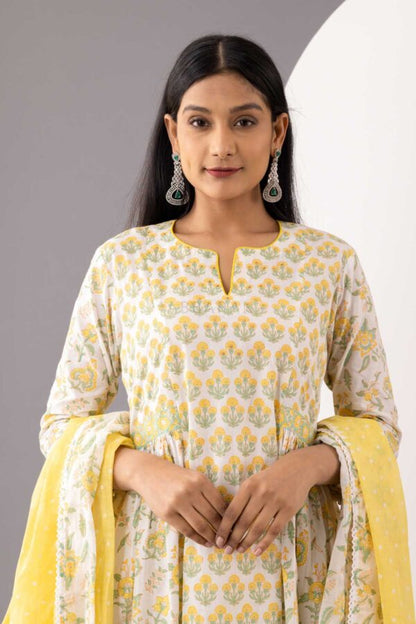 PHAGUN IVORY BLOCK PRINTED COTTON CAMBRIC A-LINE KURTA WITH YELLOW PLAZZO SET OF 3