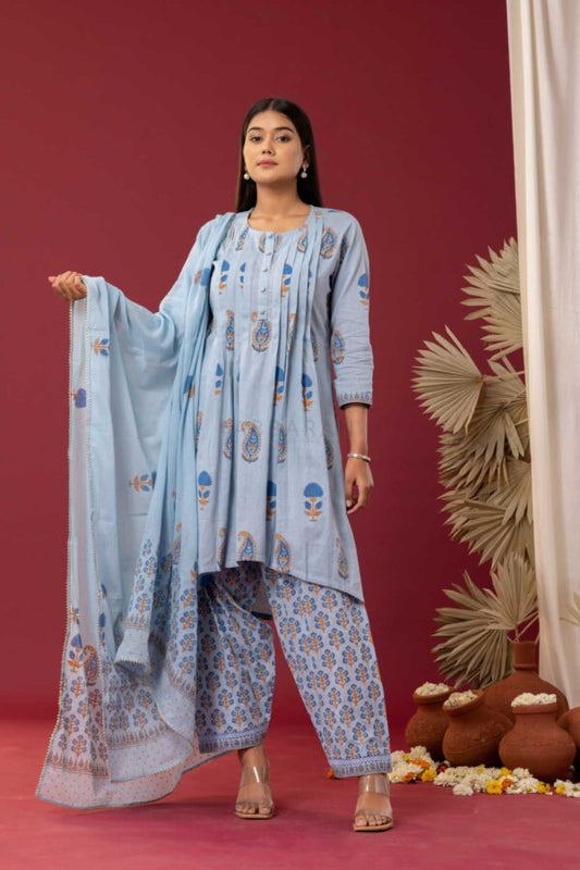PHAGUN POWDER BLUE BLOCK PRINTED PINTUCK COTTON CAMBRIC KURTA WITH SALWAR SET OF 3