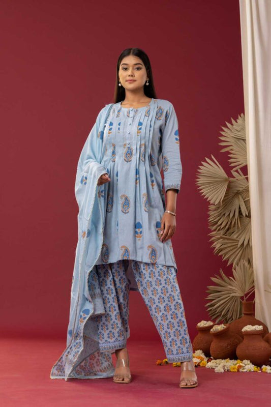 PHAGUN POWDER BLUE BLOCK PRINTED PINTUCK COTTON CAMBRIC KURTA WITH SALWAR SET OF 3