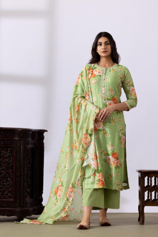 GULMEHER PISTA GREEN DIGITAL PRINT CHANDARY STRAIGHT KURTA WITH PLAZZO SET OF 3