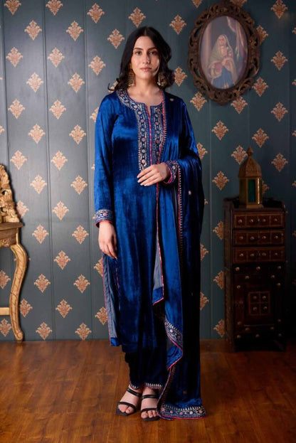 Jashan Ari Embroidery Peacock Blue Velvet Kurta Set
